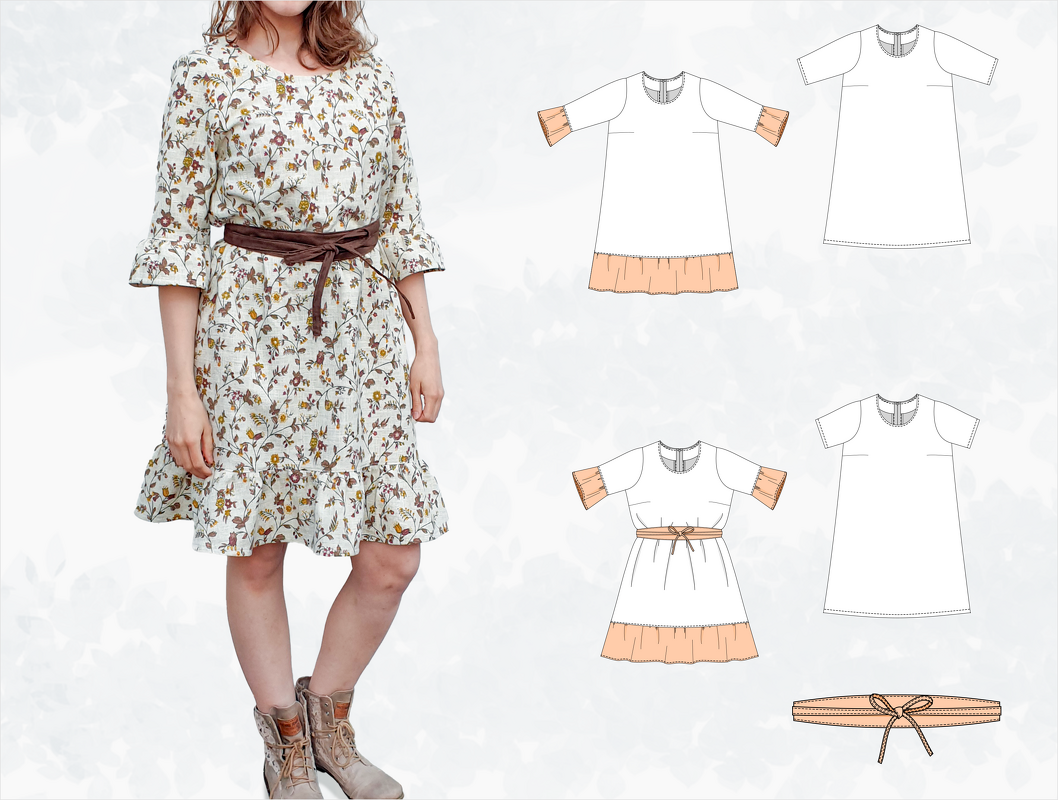 Sarah – Lockeres Leinenkleid mit Saumrüschen &amp; Gürtel (BU 80-116) A4+A0