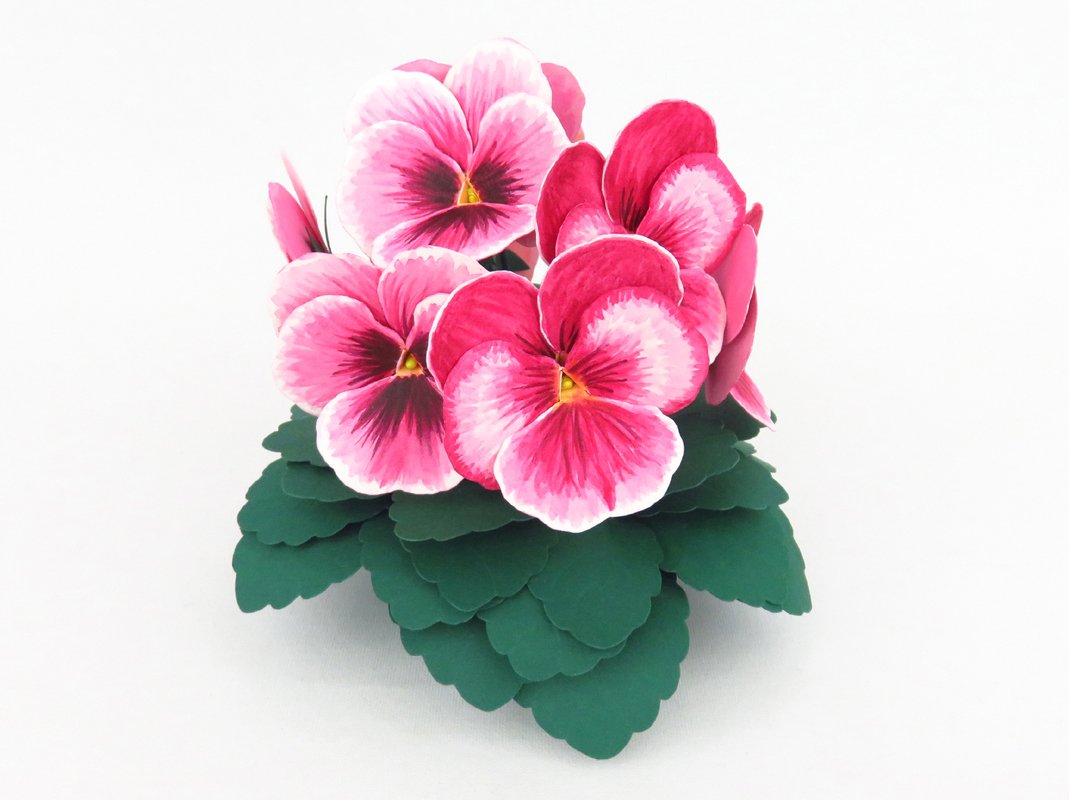 Rosa papiergefertigte Veilchen mit geschichteten grünen Papierblättern