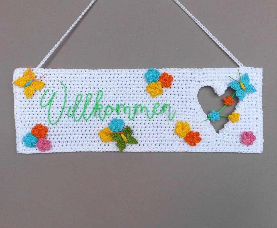 Willkommen-Schild im Landhaus-Stil oder bunt - einfach aus Wollresten - Bild 15