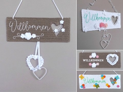 Willkommen-Schild im Landhaus-Stil oder bunt - einfach aus Wollresten