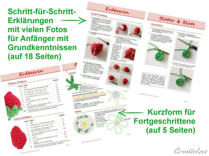 Häkelanleitung Erdbeeren in 3 Größen inkl. Blatt, Blüte & Anwendungstipps