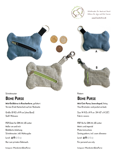 BONE PURSE Mini bone-shaped coin purse, card pocket, sewing pattern