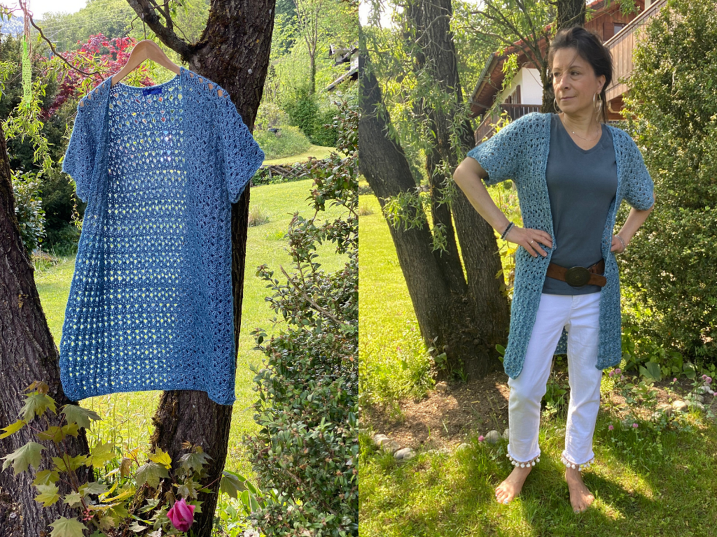 Lange Häkeljacke / Weste "Meeresblau" in 8 Größen - Bild 4