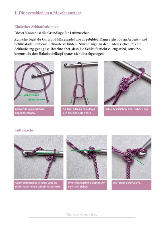 Schrittfotos: Schlaufenknoten und Luftmasche mit lila Garn und Häkelnadel