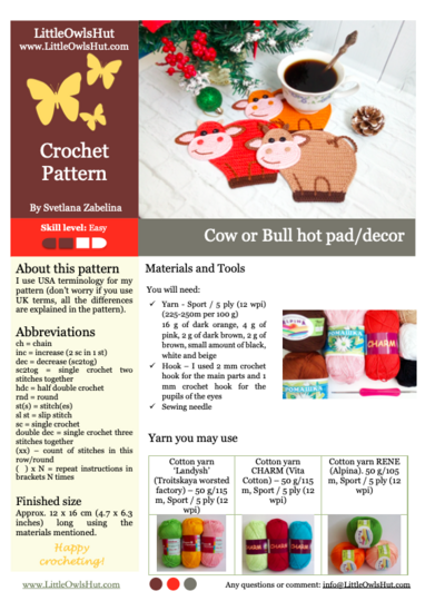 267 Crochet pattern - Cow or Bull Ox, decor, hotpad, coaster, placemat