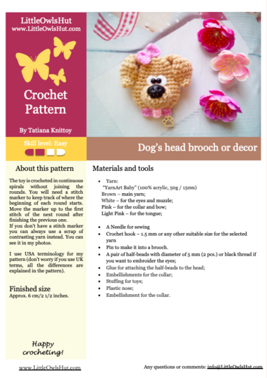 269 Crochet Pattern - Dog puppy brooch, brouch, aplique, decor, pin,