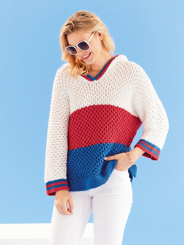Strickanleitung: Dreifarbiger Kapuzenpulli mit Blockstreifen