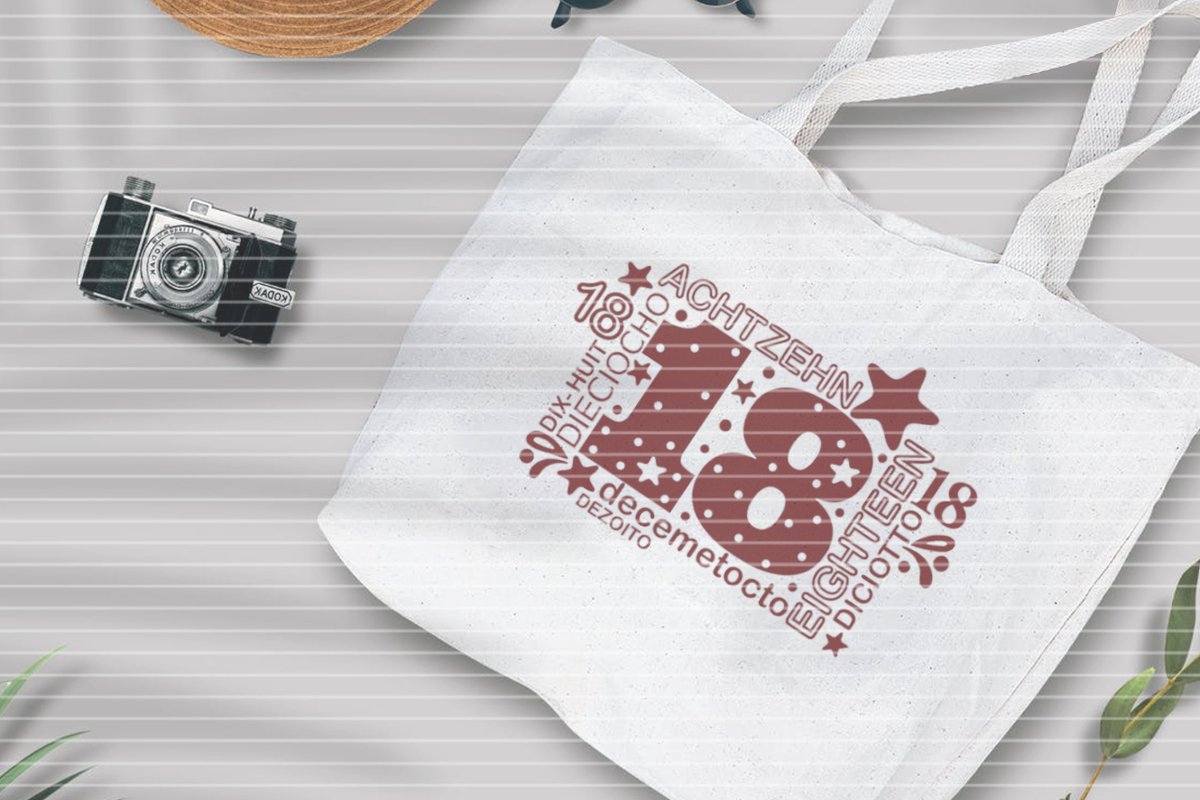 Weiße Tragetasche mit mehrsprachigem 18-Plotmotiv und Sternen
