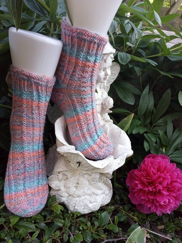 Zwei pastellfarbene gestrickte Socken mit Rippenbündchen auf weißen Fußformen zwischen grünem Laub und einer pinken Blüte