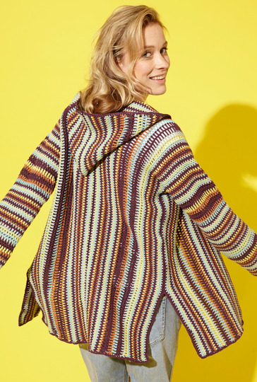 Häkelanleitung: Gestreifte Kapuzen-Jacke in fünf Farben
