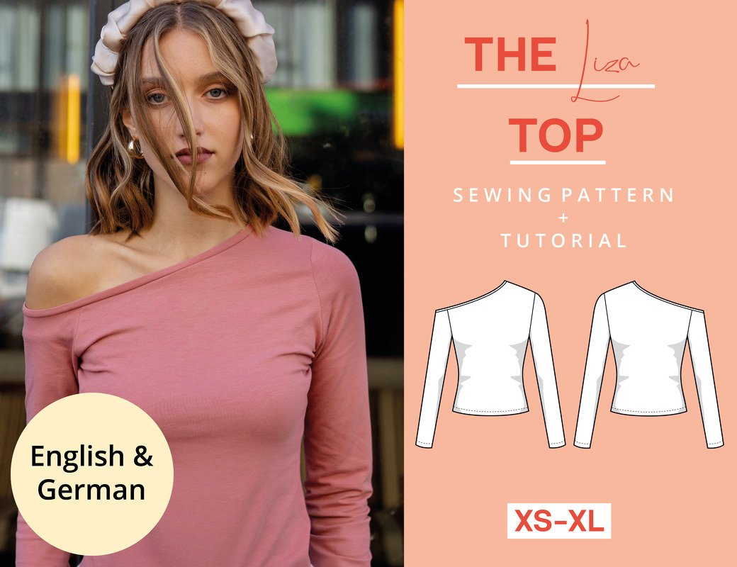 Sewing pattern asymmetrical jersey long sleeve top XS-XXXL, easy
