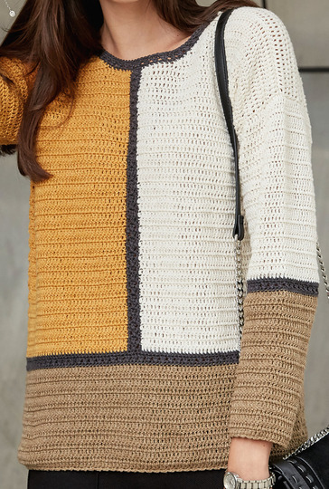 Häkelanleitung: Vierfarbiger Häkelpulli im Stäbchenmuster