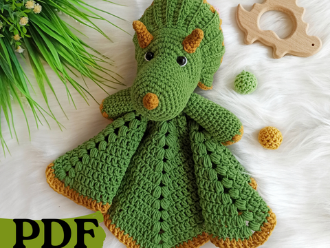 Crochet dinosaur pattern, triceratops security blanket