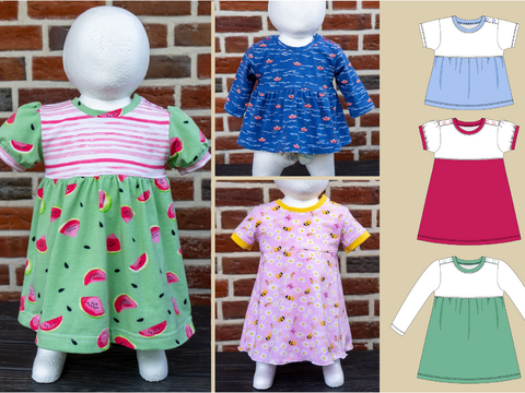 Chrissy – Baby Kleid & Shirt mit Puffärmeln und Knopfleiste Gr. 56-98 A4+A1