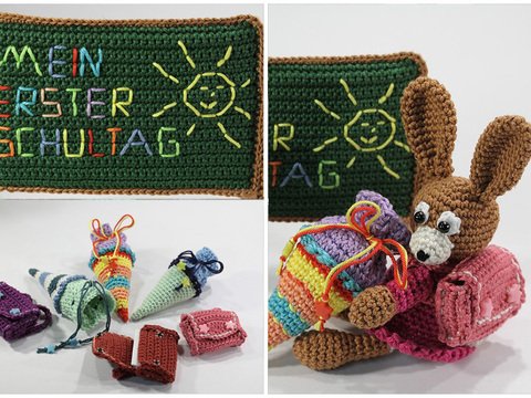 Häkelanleitung Hasenkinder mit Schul-Set