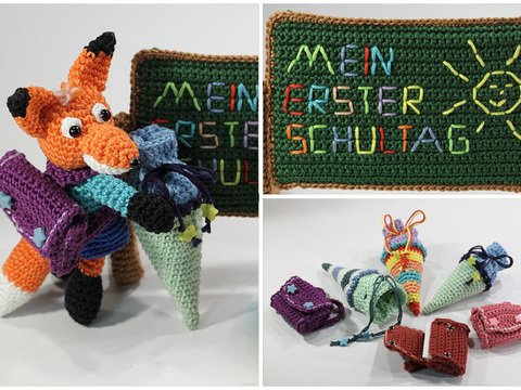 Häkelanleitung Fuchskinder mit Schul-Set
