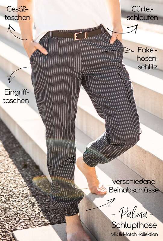 Detailansicht gestreifter Schlupfhose mit Eingrifftaschen, Gürtelschlaufen und elastischem Beinabschluss