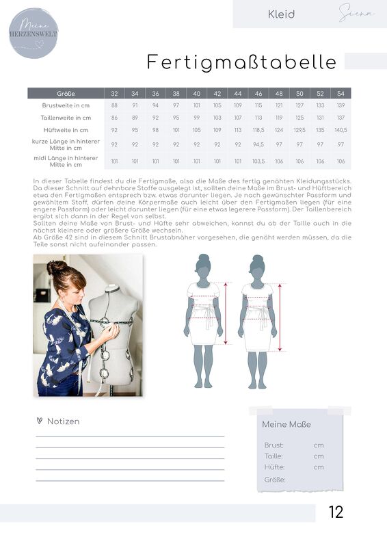 Fertigmaßtabelle mit Brust-, Taillen- und Hüftmaßen, Schneiderpuppe mit Maßband und schematische Kleidzeichnungen.