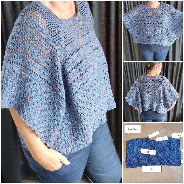 Collage mehrerer Ansichten eines lockeren blauen Häkelponchos mit unterschiedlichen Maschenmustern und kurzen Ärmeln, getragen von einer Frau.