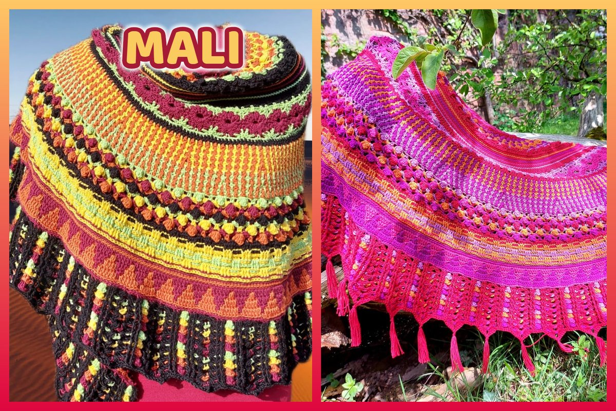Two handmade crocheted crescent shawls, one in warm yellow, orange, and maroon, the other in bright pink and purple with tassels.