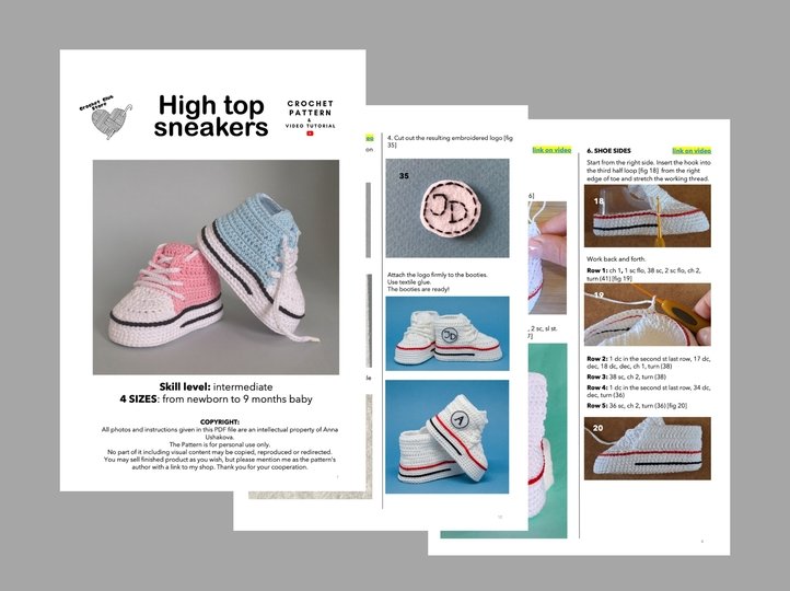 Crochet pattern baby booties, high top baby sneakers 4 sizes, newborn gift
