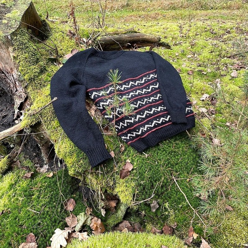Schwarzer gestrickter Pullover mit weißen und roten Streifen auf moosigem Waldboden