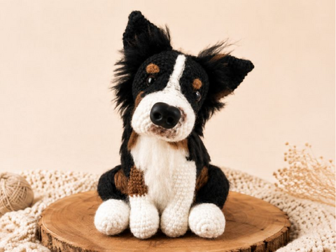 Crochet pattern for a sitting Australian Shepherd amigurumi dog