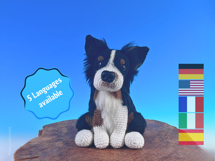 Häkelanleitung für einen sitzenden Australian Shepherd Amigurumi Hund