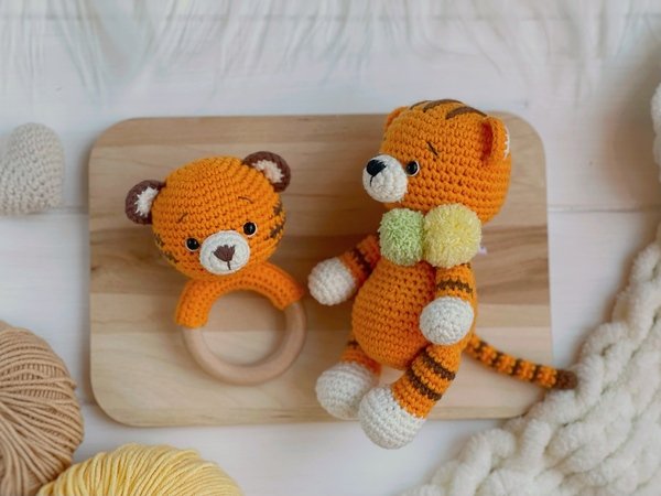 Amigurumi crochet patterns SET tiger: amigurumi and rattle