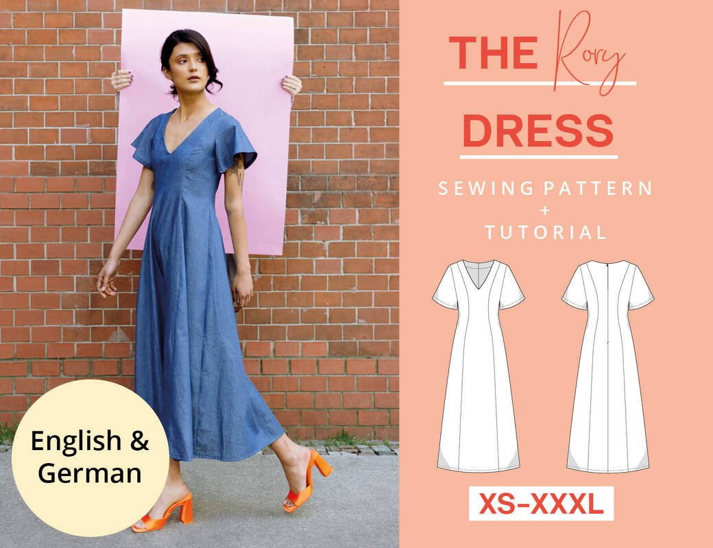 Sewing pattern dress in midi length with sleeves and zipper, XS-XXXL, easy