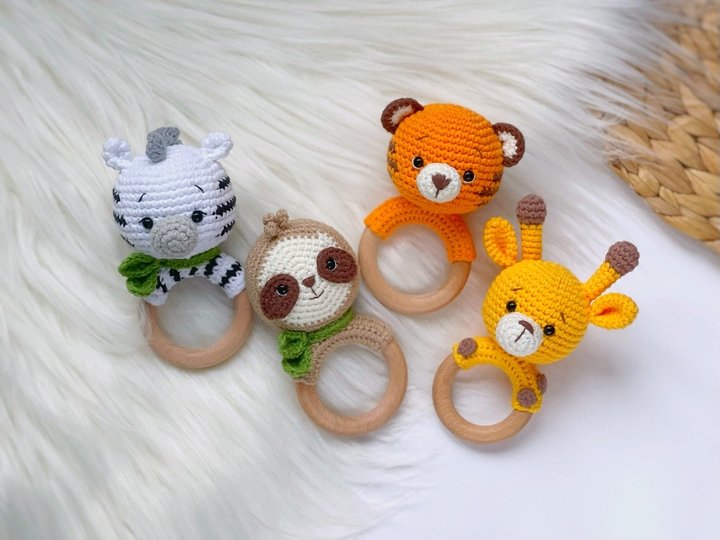 SET of 4 crochet patterns rattles: sloth, zebra, giraffe, tiger