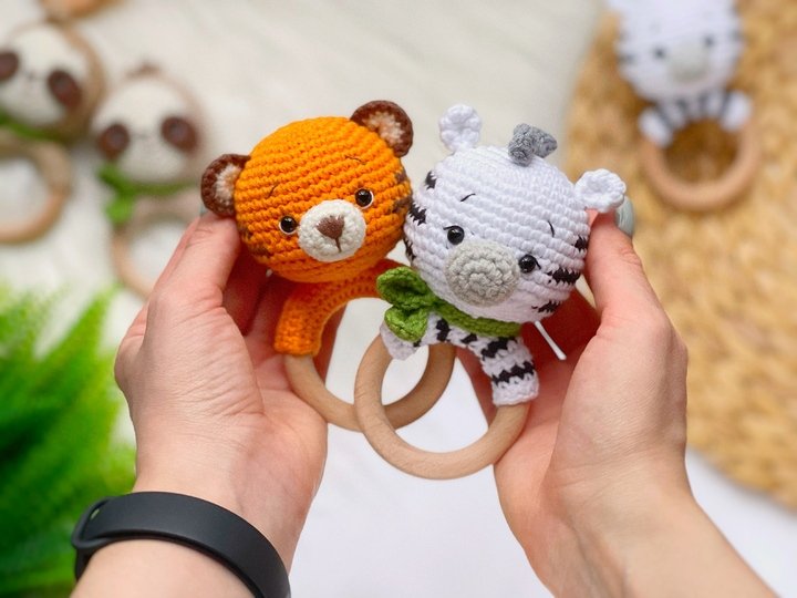 SET of 4 crochet patterns rattles: sloth, zebra, giraffe, tiger