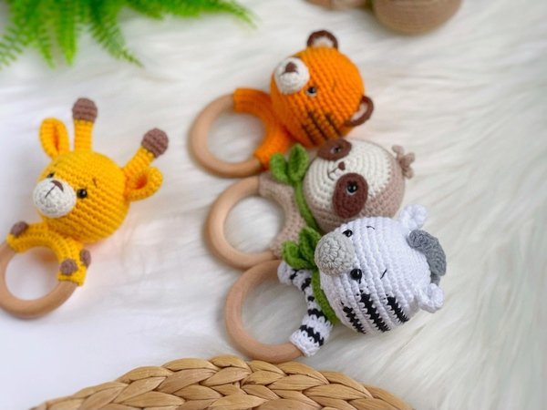SET of 4 crochet patterns rattles: sloth, zebra, giraffe, tiger