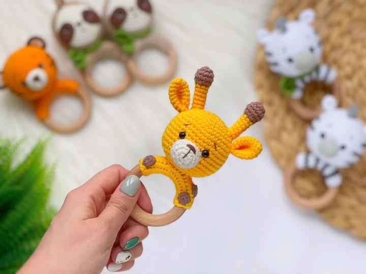 SET of 4 crochet patterns rattles: sloth, zebra, giraffe, tiger