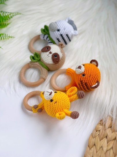 SET of 4 crochet patterns rattles: sloth, zebra, giraffe, tiger