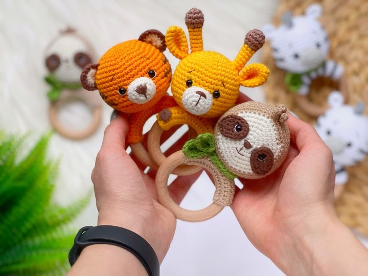 SET of 4 crochet patterns rattles: sloth, zebra, giraffe, tiger