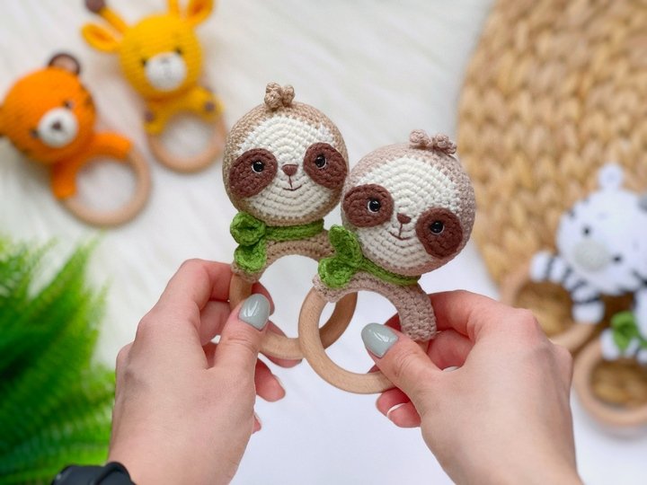 SET of 4 crochet patterns rattles: sloth, zebra, giraffe, tiger