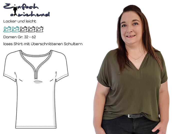 Schnittmuster loses Shirt mit überschnittenen Schultern Damen Gr. 32 - 62