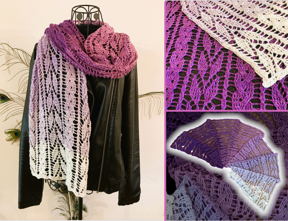 Purple-to-white ombre crochet lace scarf draped over a black jacket.