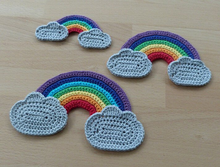 Häkelanleitung für Applikationen Regenbogen und Wolke in 3 Größen