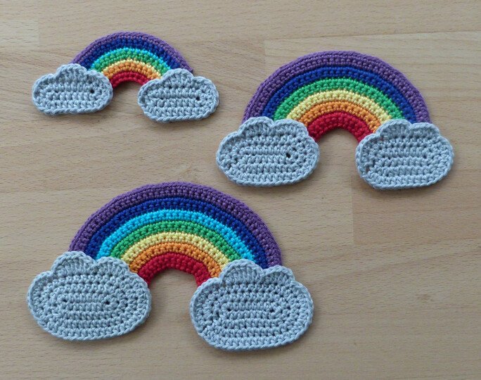 Häkelanleitung für Applikationen Regenbogen und Wolke in 3 Größen