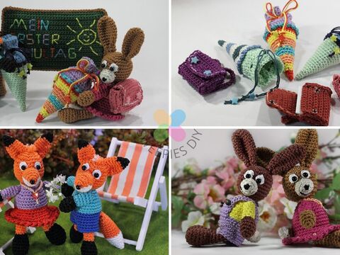 Häkelanleitung Set Hasen, Füchse und Schule