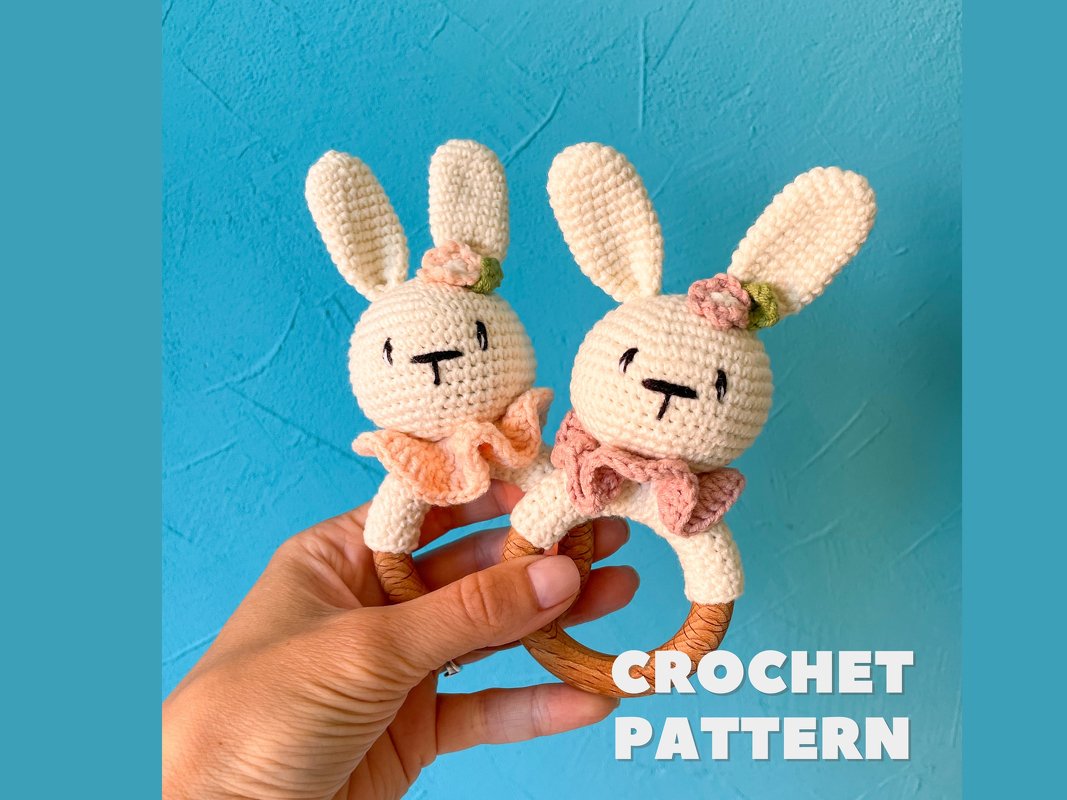 Crochet pattern baby bunny rattle, first baby toy with teether ring