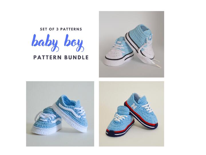 Crochet pattern bundle baby boy booties, set of 3 crochet baby shoes