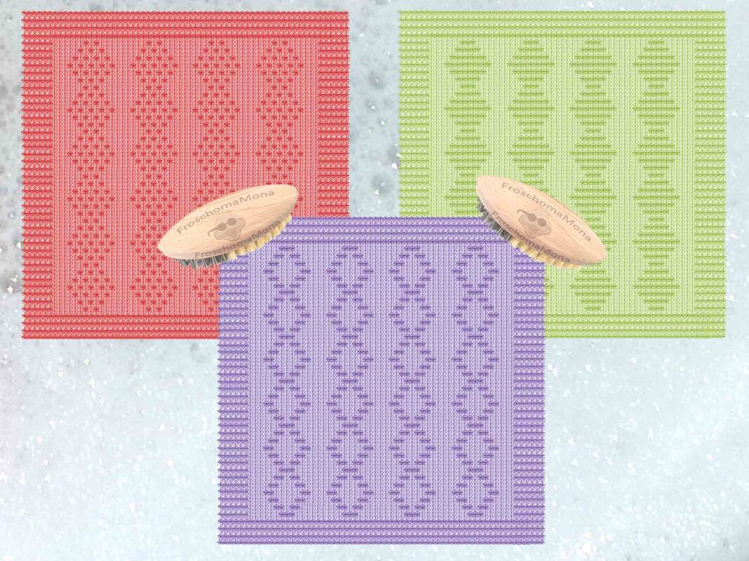 3 gestrickte Spültücher mit verschiedenen Rautenmustern einfache Anleitung