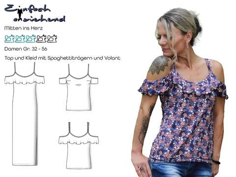 Schnittmuster Shirt und Kleid mit Spaghettiträgern und Volant Gr. 32 - 56