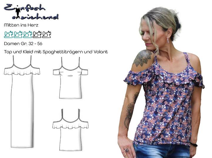 Schnittmuster Shirt und Kleid mit Spaghettiträgern und Volant Gr. 32 - 56