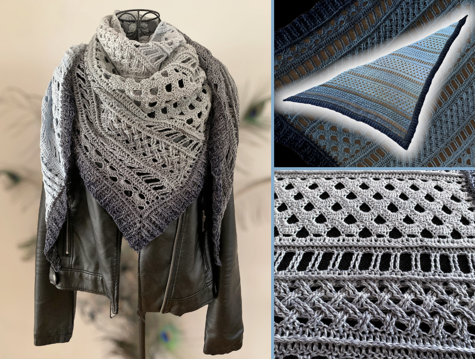 Composite photo of grey ombré crochet triangle shawl with lacy and textured bands, shown draped on a jacket, flat view, and stitch close-up.