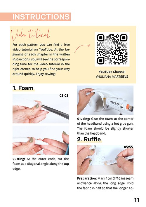 Hands cutting white foam with scissors, gluing foam onto a headband with a hot glue gun, and marking white fabric with a ruler to prepare a ruffle.