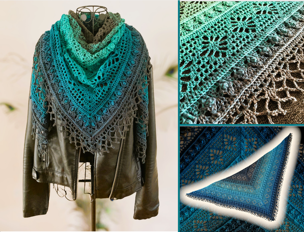 Ombre teal, green and grey crocheted triangle shawl draped over a black leather jacket showing lace and stitch details.